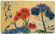 Rote und blaue Blumen by Emil Nolde, Um 1950, Aquarell auf Japan, sold Jun 2017