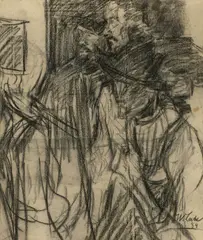 Wilhelm Leibl, Entwurf zu den Wildschützen, 1884, Kohle auf Bütten (Wasserzeichen: ED & Cie P L BAS)