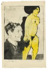 Rolf Nesch, Professor Sauerlandt“ (Max Sauerlandt mit Holzskulptur von E.L. Kirchner), 1930, Radierung, Kaltnadel, Aquatinta und Monotypie auf Velin