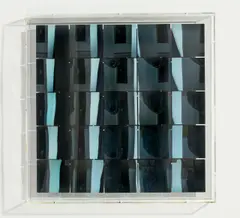 Hohlspiegelobjekt by Adolf Luther, 1969, 25 quadratische, bläuliche Hohlspiegel, konkav, auf mit Aluminium verkleideter Holzplatte mit Plexiglashaube, sold Jun 2016