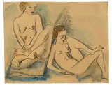 Max Pechstein, Zwei sitzende weibliche Akte, 1918, Aquarell und Kreide auf bräunlichem Papier