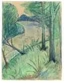 Otto Mueller, Flußlandschaft / Waldteich mit Bäumen, Um 1915, Farbkreiden über Aquarell auf Papier