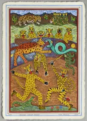 Lida Penkova, Mexican Jaguar Dnace, 2018, coloured linocut, paper