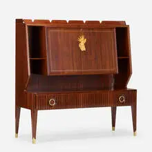 Cabinet by Paolo Buffa, c. 1935, bubinga, walnut, burl wood, brass, marquetry inlay, glass, sold Mar 2022