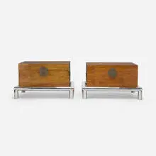 John Mascheroni, Custom trunks, pair, c. 1975, stainless steel, walnut, brass