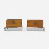 John Mascheroni, Custom trunks, pair, c. 1975, stainless steel, walnut, brass