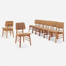 Dining chairs, set of eight by Greta Magnusson Grossman, 1952, walnut, Knoll upholstery, sold Mar 2022