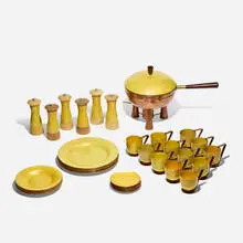 Marrell, Tableware collection, c. 1950, enameled copper, wood, metal, cork, brass