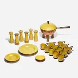 Marrell, Tableware collection, c. 1950, enameled copper, wood, metal, cork, brass