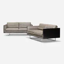 Milo Baughman, Settees, pair, 1968, lacquered wood, upholstery, chrome-plated steel