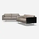 Milo Baughman, Settees, pair, 1968, lacquered wood, upholstery, chrome-plated steel