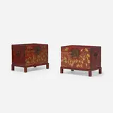 Chinoiserie, Chests, pair, lacquered and gilt leather over pine, lacquered wood, brass