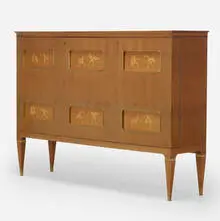 Bar cabinet by Paolo Buffa, c. 1950, mahogany, sycamore, brass, clear and mirrored glass, sold Mar 2022