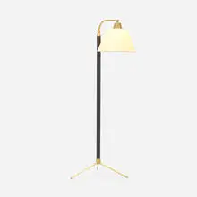 Floor lamp by Jacques Adnet, c. 1950, brass, leather, lacquered canvas, sold Mar 2022