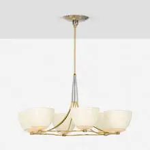 Lightolier, Chandelier, c. 1950, brass, chrome-plated metal, enameled aluminum, glass