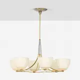 Lightolier, Chandelier, c. 1950, brass, chrome-plated metal, enameled aluminum, glass