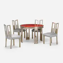 James Mont, Game table and chairs, set of four, c. 1945, silver leaf over lacquered wood, vinyl upholstery