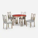 James Mont, Game table and chairs, set of four, c. 1945, silver leaf over lacquered wood, vinyl upholstery