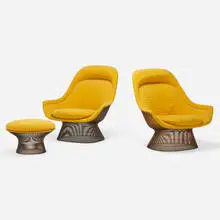 Warren Platner, Lounge chairs, pair, and ottoman, 1966/1975, enameled steel, upholstery