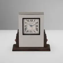 Claude Moliterni, 'Pendulette basculante' desk clock, c. 1990, palladium-plated metal, glass, enameled metal, wenge