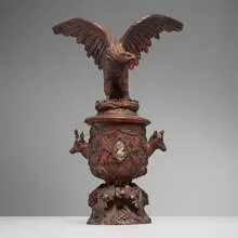 Black Forest, Lidded urn, c. 1890, carved mahogany, plastic
