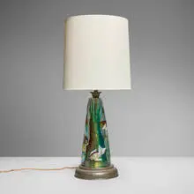 Gino Cenedese, Aquarium table lamp, c. 1960, internally decorated glass, bronze, silk shade