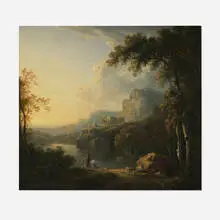 Richard Wilson, Lake landscape with mountains, castle and man on horseback, oil on canvas