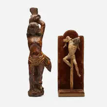 Figures of Christ, set of two by Antique, carved and lacquered wood, velvet, sold Oct 2024