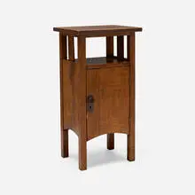 Smoking stand by Conrey-Davis Manufacturing Co., c. 1910, oak, patinated steel, sold Oct 2024