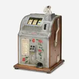 Mills Novelty Co., 5-Cent Liberty Bell Gum Fruit slot machine, c. 1910, enameled and cast aluminum, oak, chrome-plated steel, glass
