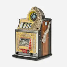 Inc. Watling Scale Co., 10-Cent Rol-A-Top Twin Jackpot slot machine, c. 1939, enameled, chrome-plated and brass-plated aluminum, enameled and chrome-plated steel, lacquered wood, oak, glass, paper