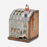 Pace Manufacturing Co., 1-Cent Bantam Reserve slot machine, c. 1934, enameled and cast aluminum, chrome-plated steel, oak, glass, paper