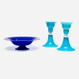 Alexander Joseph von Steuben, Collection of three tabletop accessories, c. 1925, Light Blue Jade and Flint White glass, Dark Blue Jade glass