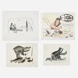 Kananginak Pootoogook, Four works, lithograph on BFK Rives; lithograph in colors of Somerset; stonecut; stonecut in colors