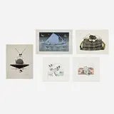 Mary Pudlat, Five works, lithograph in colors on Somerset; lithograph in colors; lithograph in colors on BFK Rives, stonecut in colors on handmade paper; stonecut in colors