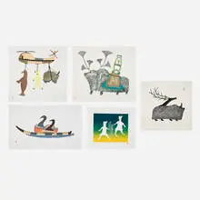 Pudlo Pudlat, Five works, stonecut with stencil in colors; lithograph in colors on Somerset; stonecut; stonecut in colors; lithograph in colors