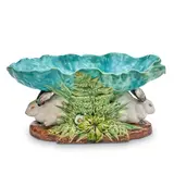 Minton Majolica Rabbit Compote, Untitled, 1856, polychrome enameled and modeled as a large leaf atop the backs of two rabbits, impressed mark,  lg