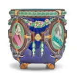 Untitled by Wedgwood Majolica Jardiniere, 1871, blue ground with polychrome enamel decoration, sold Oct 2024