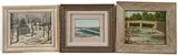 Pasquale, A Set of Three Paintings of Coastal New England: Maine Coast, A Swimming Hole by a Bridge, and Seascape Under a Pink Sky, oil on board