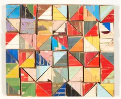 Lance Letscher, Happy Day, 2003, unsigned, identified on a note written on the verso.  mixed media collage on masonite mounted to board