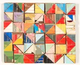 Lance Letscher, Happy Day, 2003, unsigned, identified on a note written on the verso.  mixed media collage on masonite mounted to board