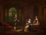 Amedée Paul Greux, Interior Parlor Scene with Figures in Elegant Dress, oil on canvas