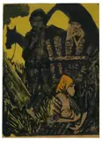 Otto Mueller, Zigeunerfamilie am Planwagen, 1926, Farblithographie auf braunem Papier, partiell mit roter Kreide überarbeitet