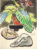 Karl Schmidt-Rottluff, Stilleben mit Blumentopf und Masken