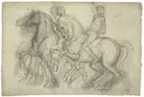 Honoré Daumier, Cavaliers, Um 1855, Kohle auf grauem Bütten (Wasserzeichen: I◊NOURISON)
