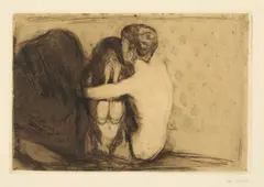 Edvard Munch, Trost, 1894, Kaltnadel und Aquatinta in Braunschwarz auf chamoisfarbenem festen Velin