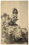 Adolph von Menzel, Auf einem Stuhl sitzende Dame im Ballkleid, aus einem Suppentässchen löffelnd