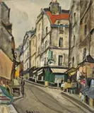 Takanori Oguiss, Rue Mouffetard, Paris, Um 1938, Öl auf Leinwand