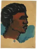 Bildnis eines Südsee-Insulaners im Profil nach rechts (rotbraun, blauer Grund) by Emil Nolde, 1914, Aquarell und Tuschpinsel auf bräunlichem Reisstrohpapier, auf dünnem Leinen aufgezogen, sold Nov 2010