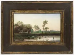 Anton Waldhauser, Fisherman's Cottage Near a Pond, oil on plywood on canvas